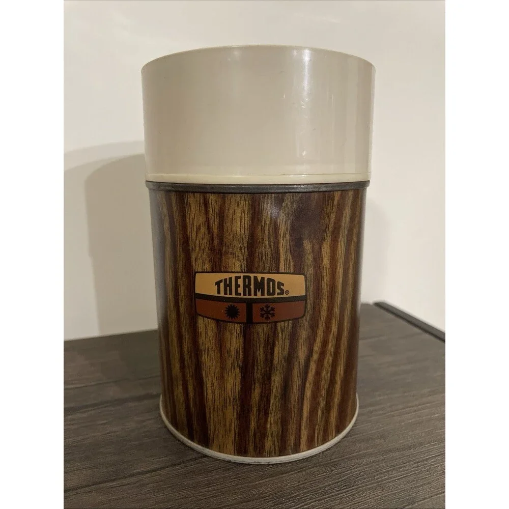 VINTAGE 1970s Wood Grain Thermos King Seeley 10oz Metal 73A63 763 70F Hot & Cold